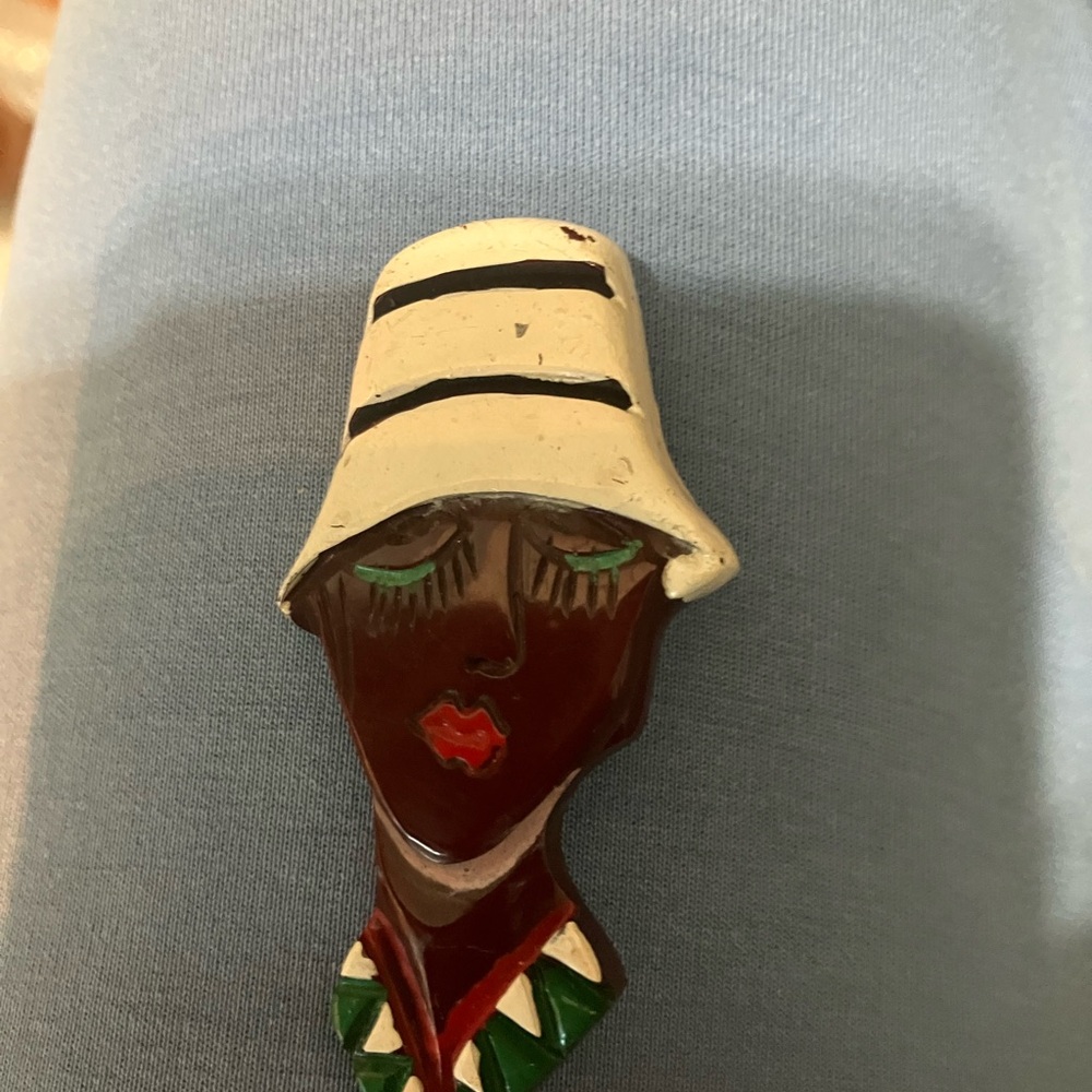 Brooch pin carved painted vintage Bakelite woman of color face